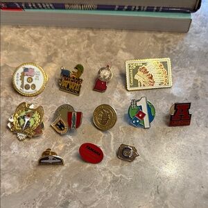 Assorted Enamel Pins 12 Vintage Collectible Lot (Red, Blue, Gold, Green, White)
